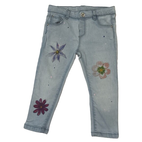 Zara Baby Girl Jeans 18/24 Months Light Wash with Hand-Painted Flowers EUC - Picture 1 of 3